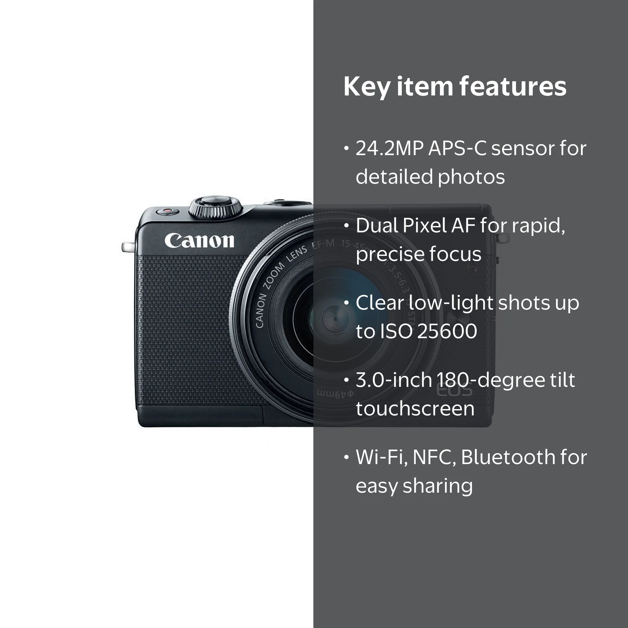 Canon EOS M100 Mirrorless Digital Camera, 24.2 MP, with 15-45mm
