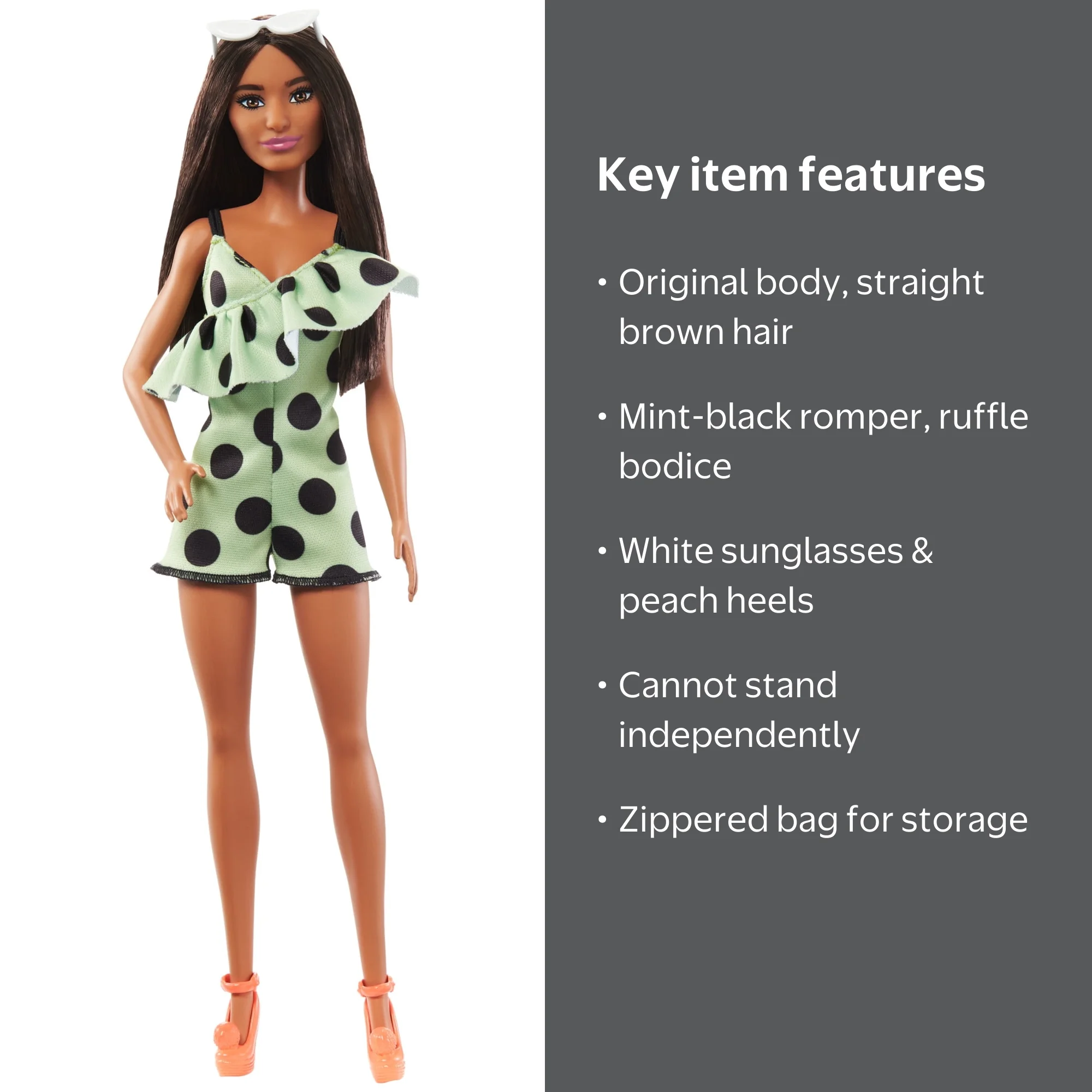 barbie black polka dot dress Barbie's museum outfit with black polka dot dress and Peachy Fleecy coat