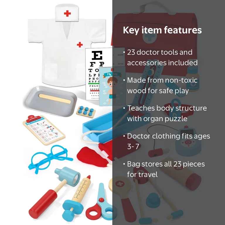 Lehoo Castle, Doctor Kit for Kids, Wooden Role Play Set, 23 pcs
