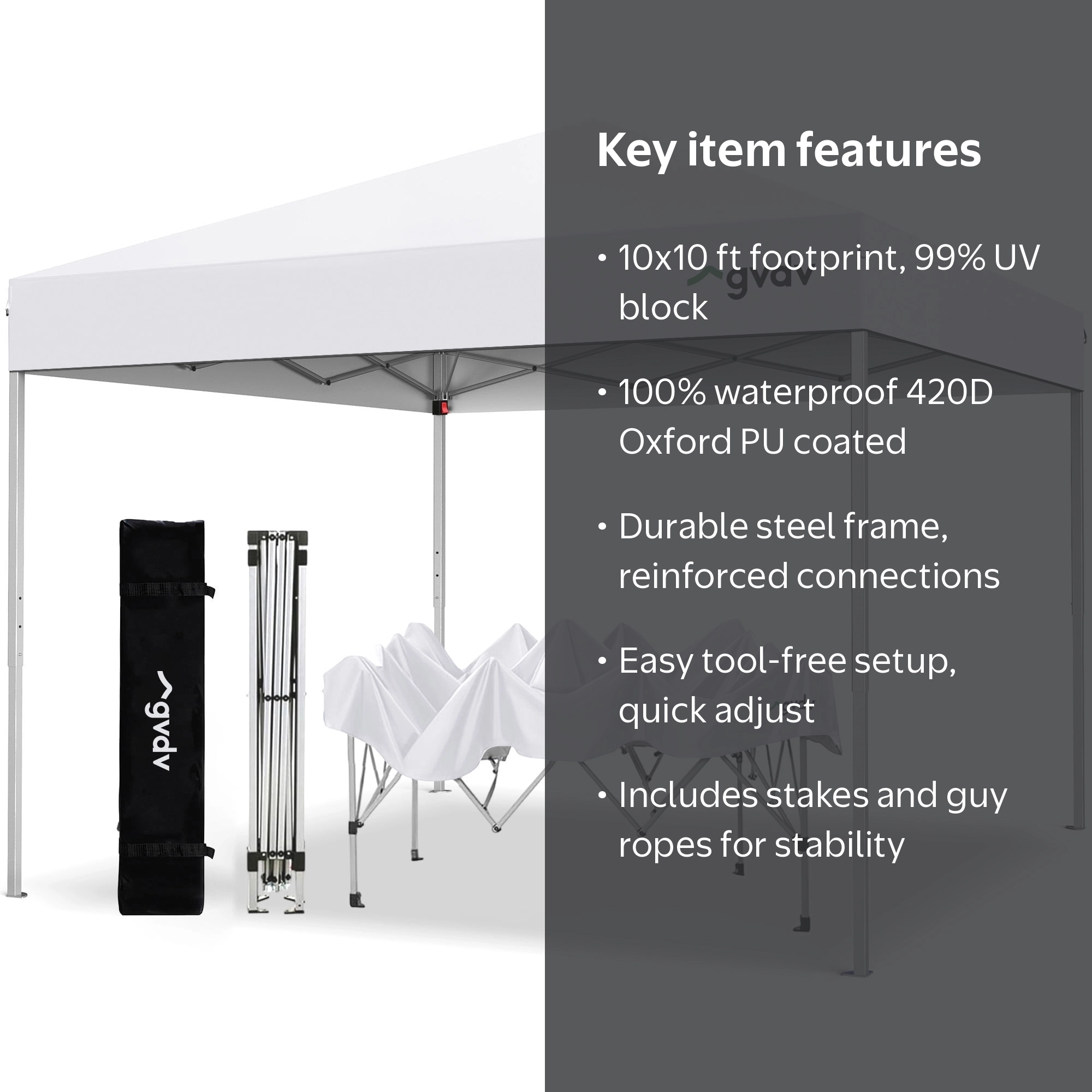 GVDV 10'x10' Easy Pop Up Canopy Tent, Straight Leg, UPF 50+ UV