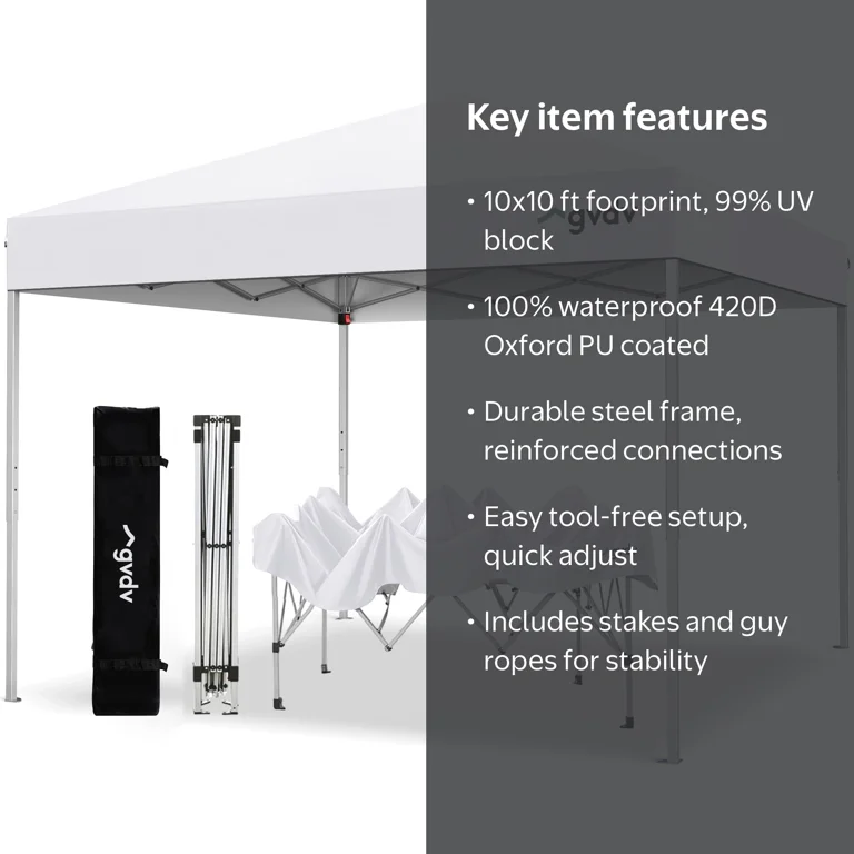 GVDV 10'x10' Easy Pop Up Canopy Tent, Straight Leg, UPF 50+ UV