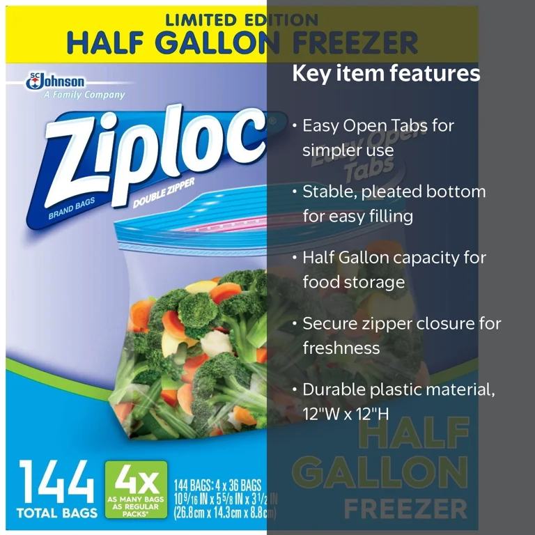 Ziploc Half Gallon Zipper Storage Freezer Bags, 144 Count in 4