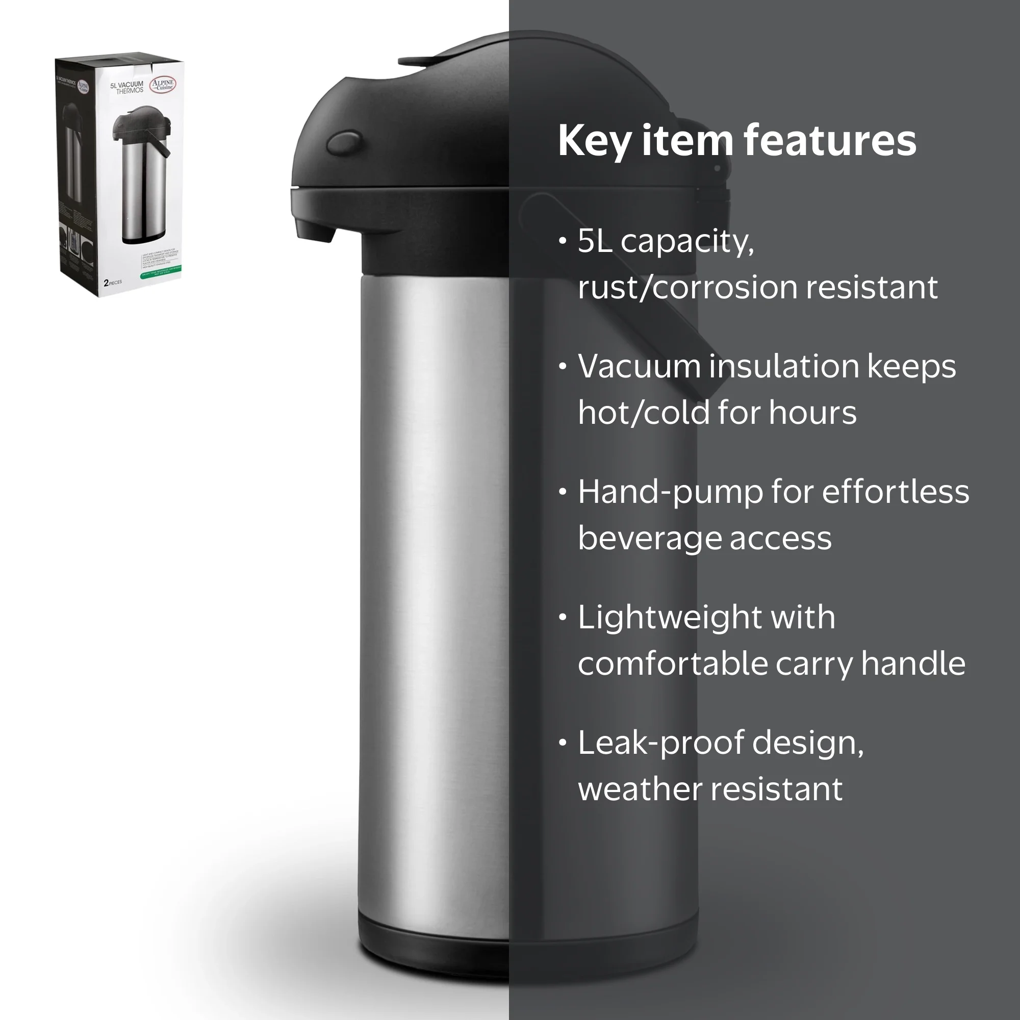 Alpine Cuisine Stainless Steel Thermos Vacuum 5-L Hand Pressed