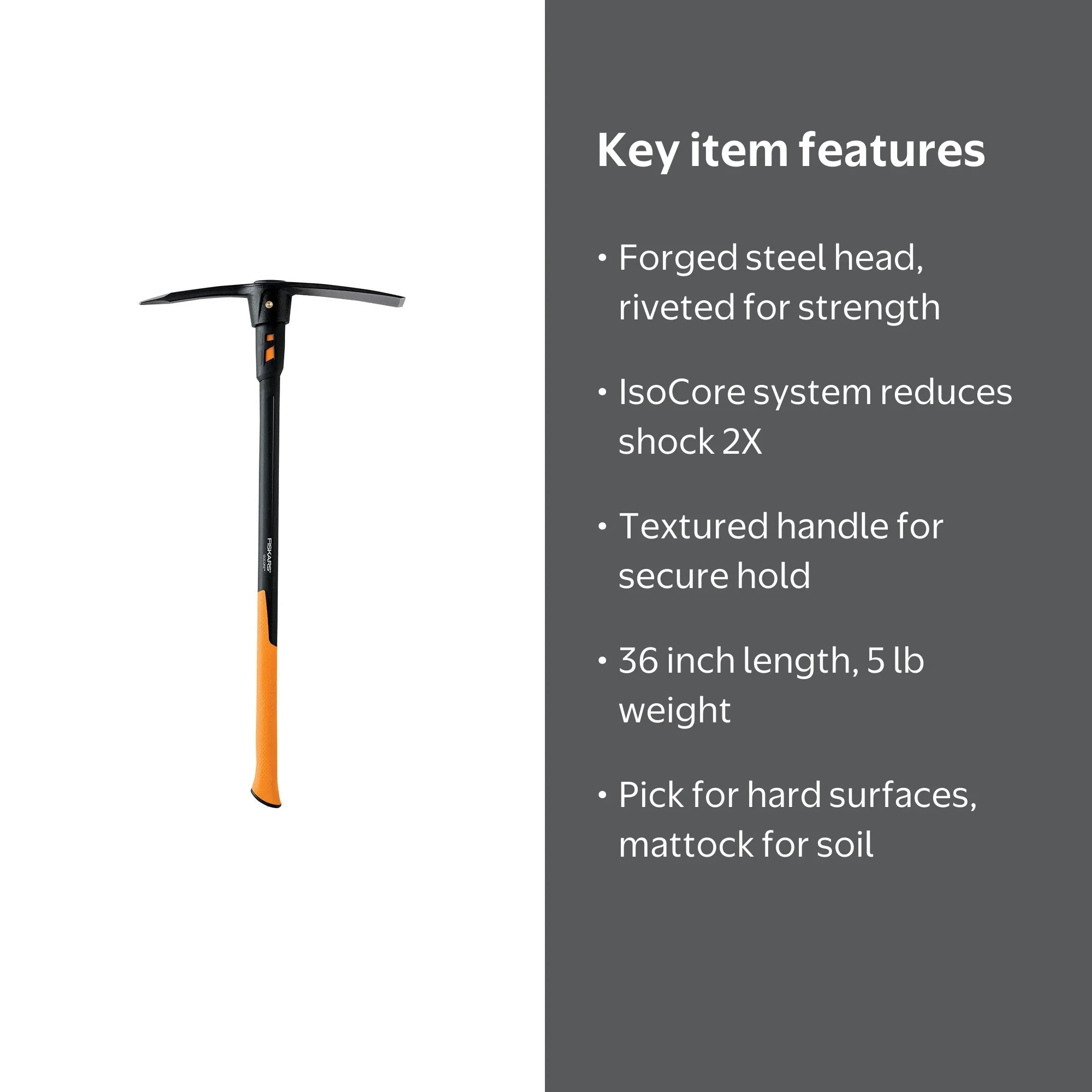 Fiskars IsoCore 5lb Pickaxe, Forged Steel Head, 36 Inch, Black
