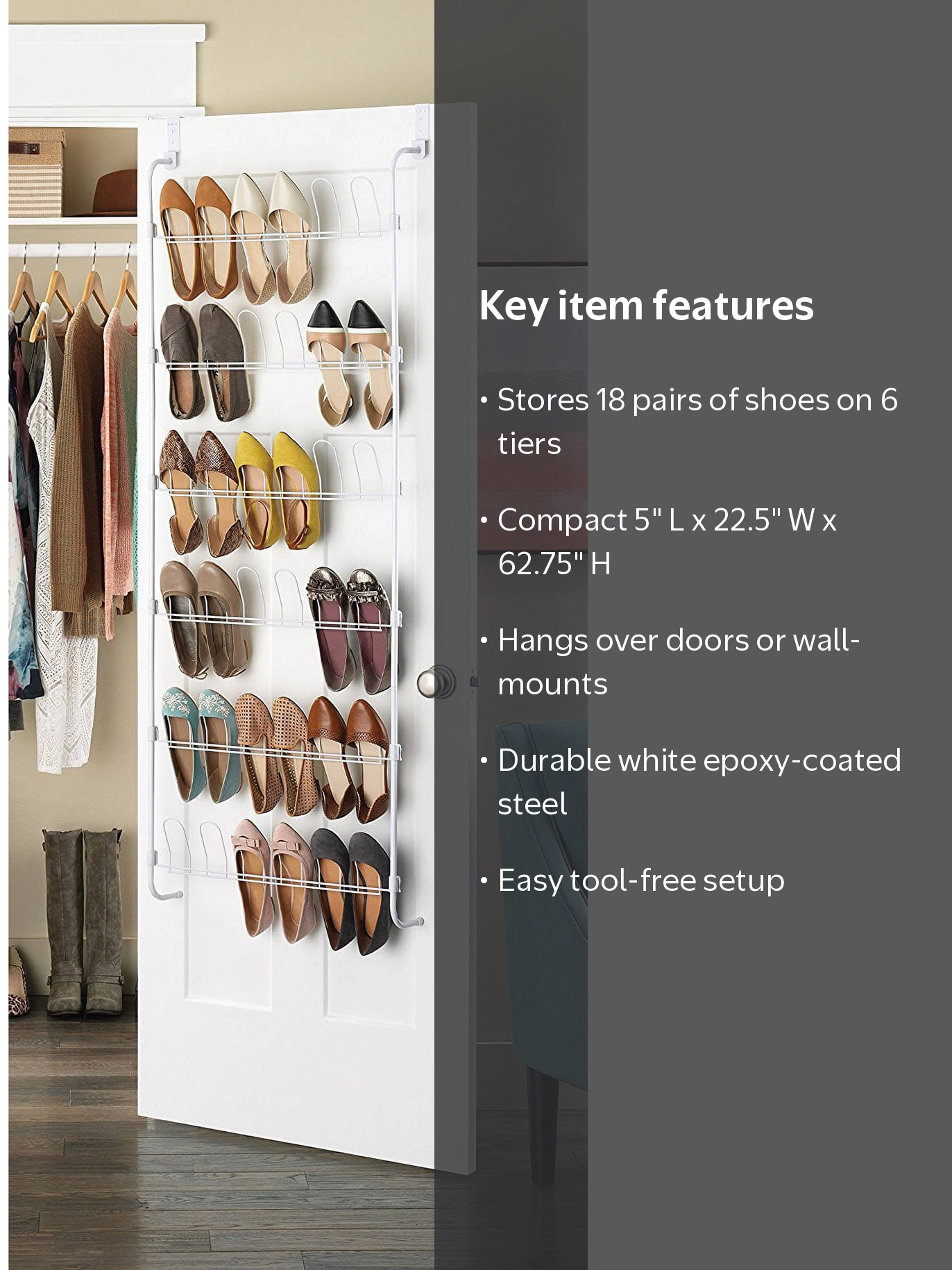 Whitmor, Over-The-Door Metal Shoe Rack, 18-Pair Capacity, White
