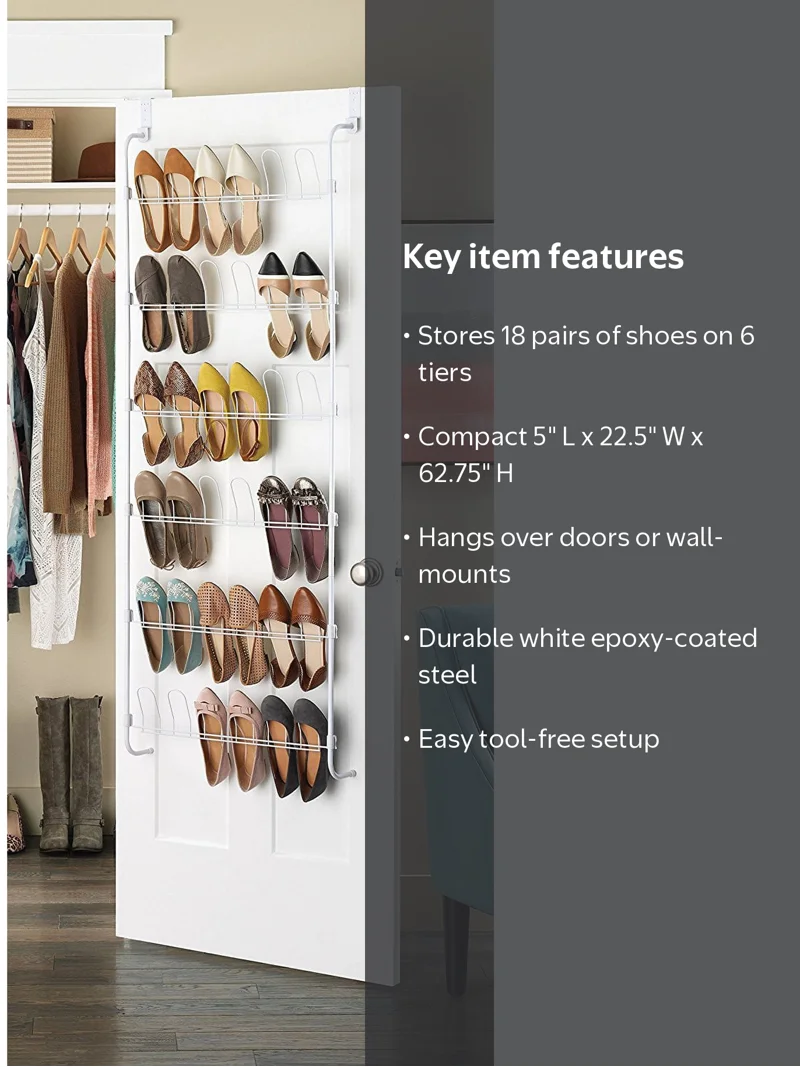 Whitmor, Over-The-Door Metal Shoe Rack, 18-Pair Capacity, White