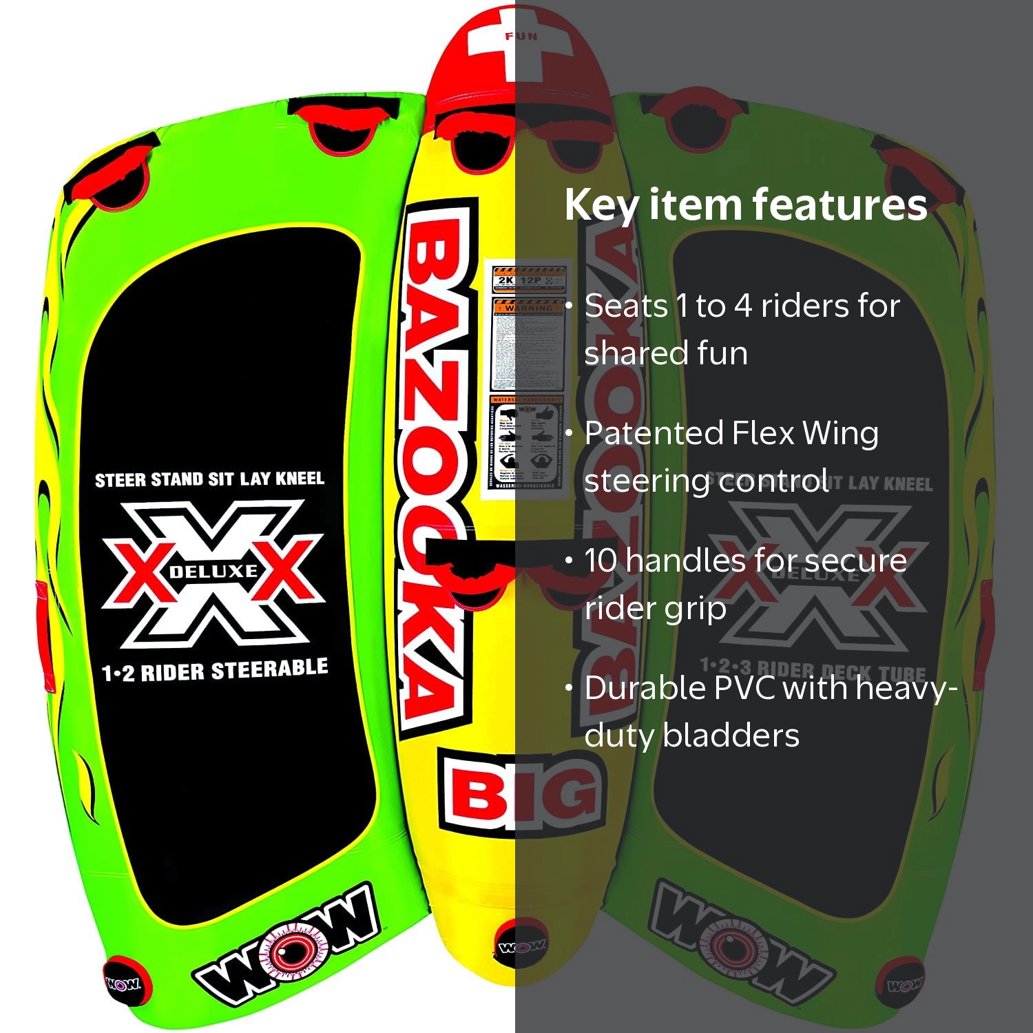 WOW Sports, Big Bazooka 4-Rider Towable, 74 x 70, Multicolor