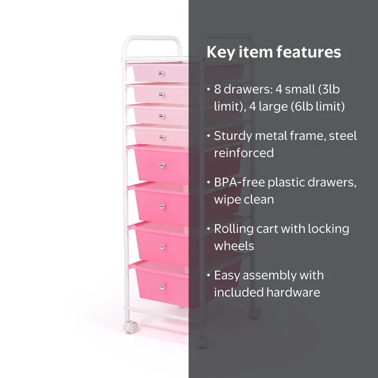 Humble Crew, Rolling Storage Cart, 8 Drawer, Pink with Wheels