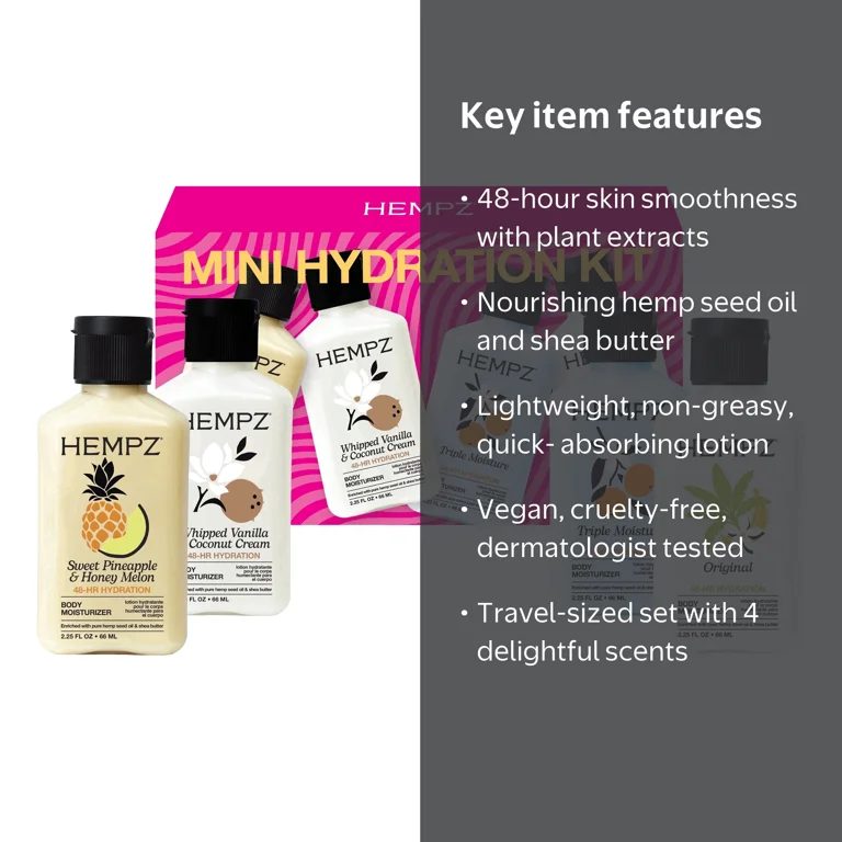 Hempz, Mini Hydration Lotion Kit, 4 pcs, Travel Size Moisturizers
