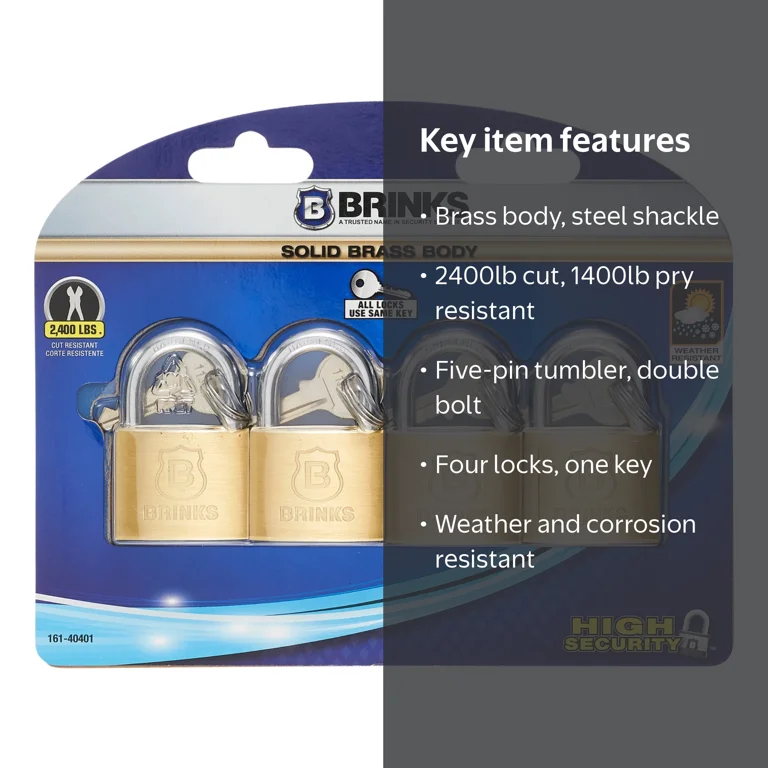 Brinks Solid Brass 40mm Keyed Padlock with 7/8in Shackle, 4 pack Brinks Solid Brass 40mm Keyed Padlock with 7/8in Shackle, 4 pack