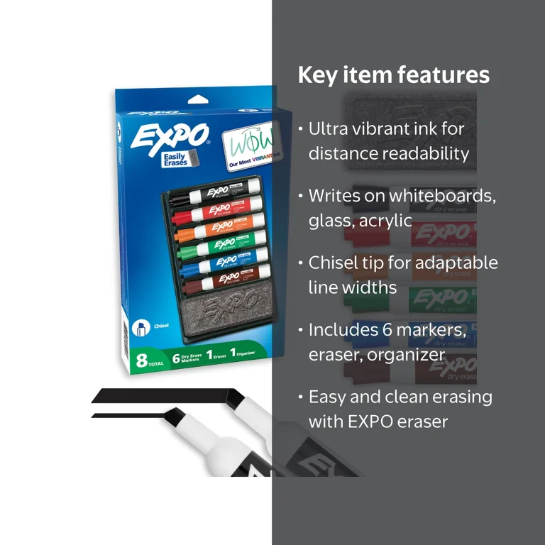 EXPO Colorful Dry Erase Markers & Eraser Organizer Kit, Chisel Tip
