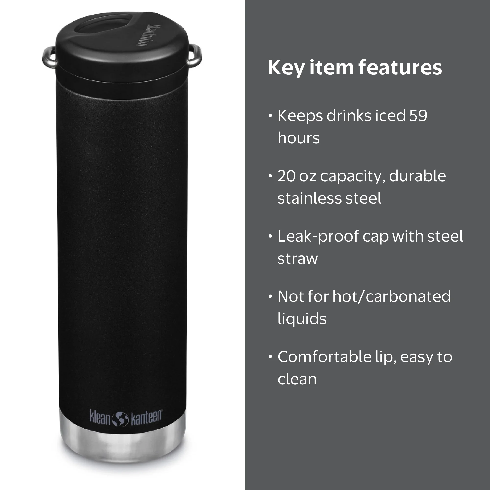 Klean Kanteen, Water Bottle, 20oz, Stainless Steel, Black