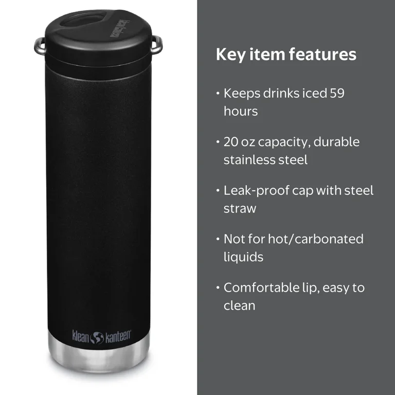 Klean Kanteen, Water Bottle, 20oz, Stainless Steel, Black