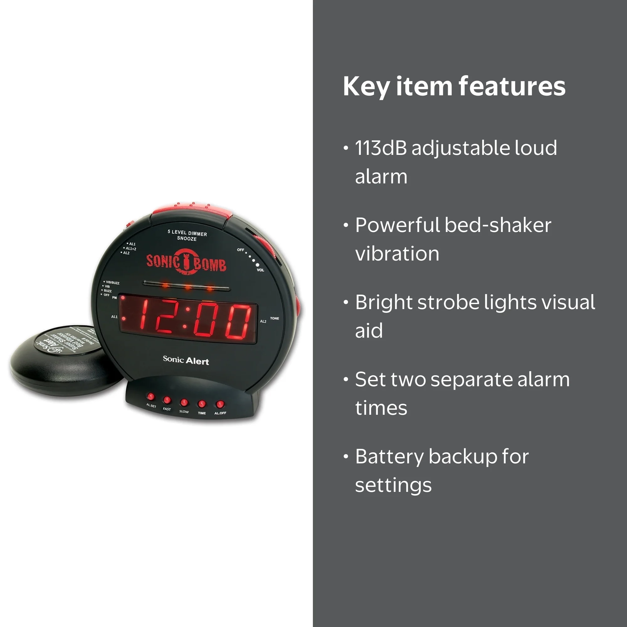 Sonic Alert, Sonic Bomb Dual Alarm Clock, 113dB Loud with Bed