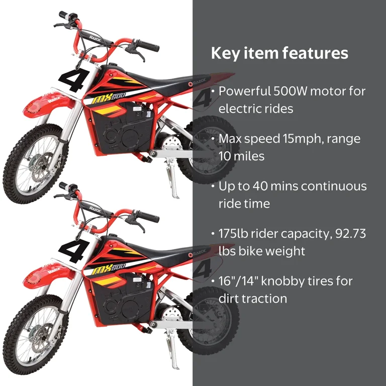 Razor MX500 Dirt Rocket 36V Electric Toy Motocross Dirt Bike, Red