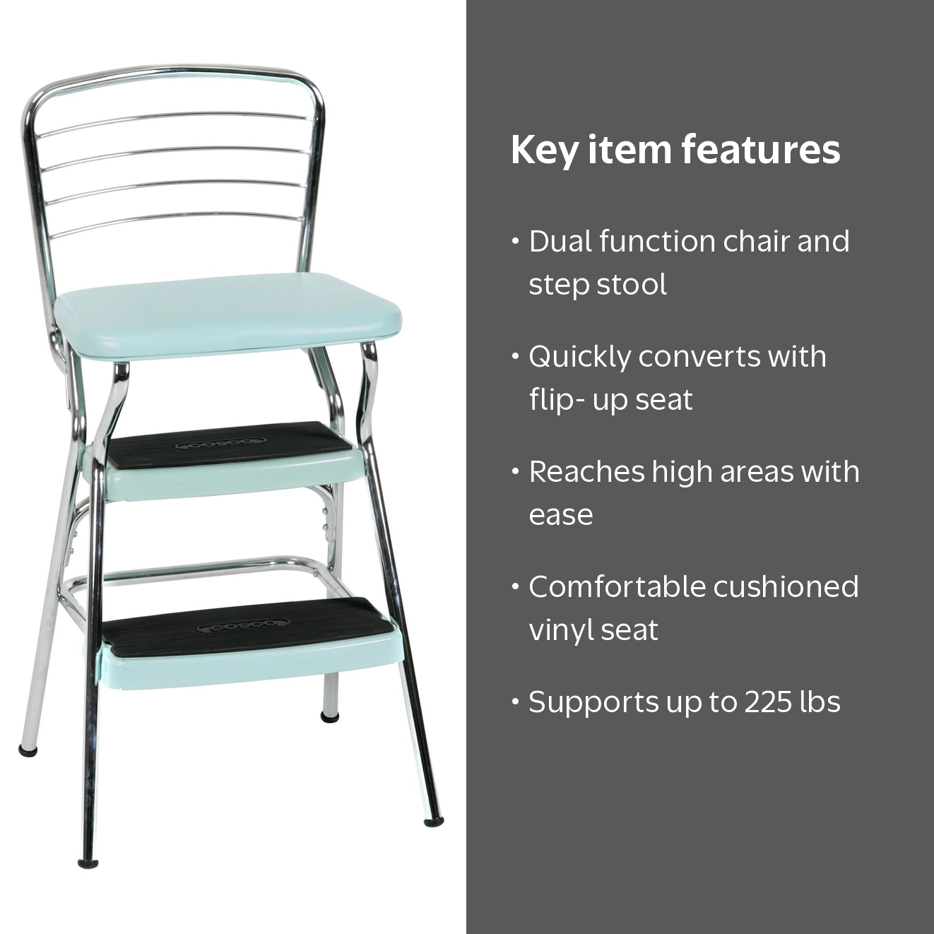 COSCO Stylaire Retro Chair + Step Stool, Flip-Up Seat, Teal, 1pk