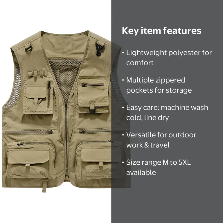 Rciityk V-Neck Multi-Pockets Polyester, Journalist Vest (Men's