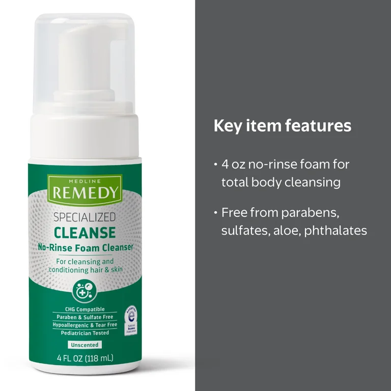 Medline Remedy No-Rinse Foam Cleanser Unscented 4 oz Gentle Skin