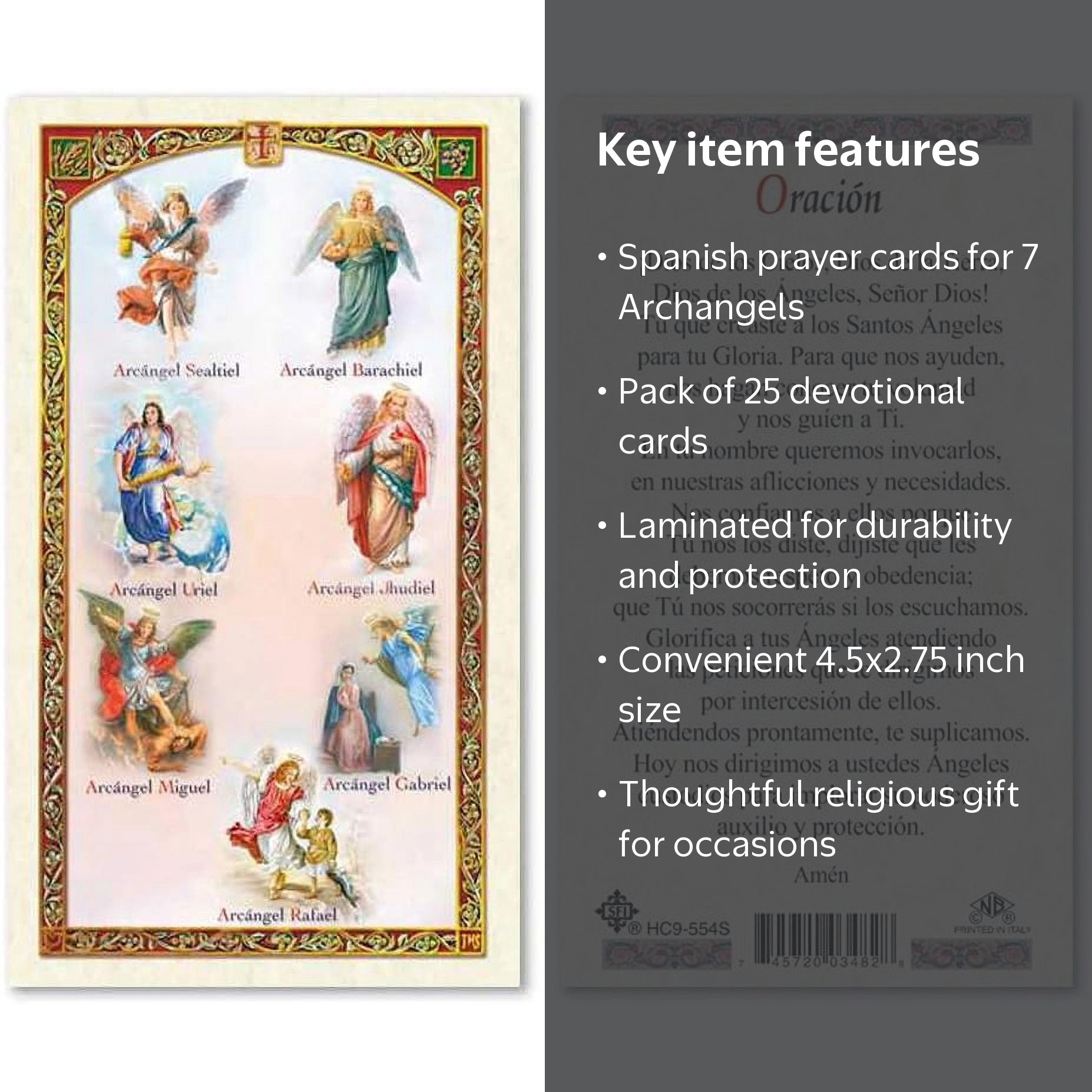 Oracion a Los 7 Arcangeles Laminated Prayer Cards - Pack of 25- in