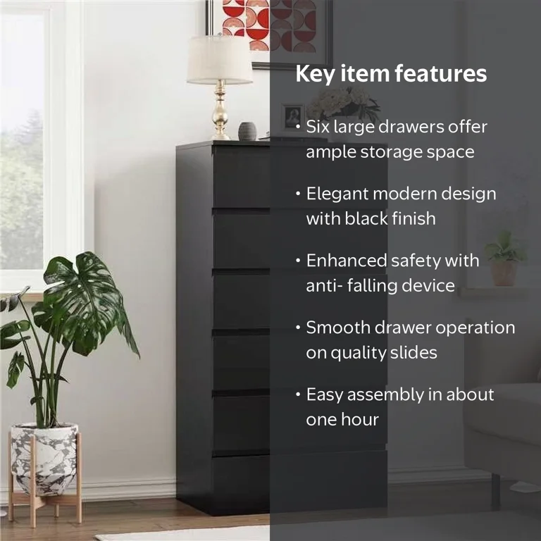 6 drawer dresser tall black Homfa for Bedroom, Modern Vertical Storage Cabinet Wood Chest, Special Feature