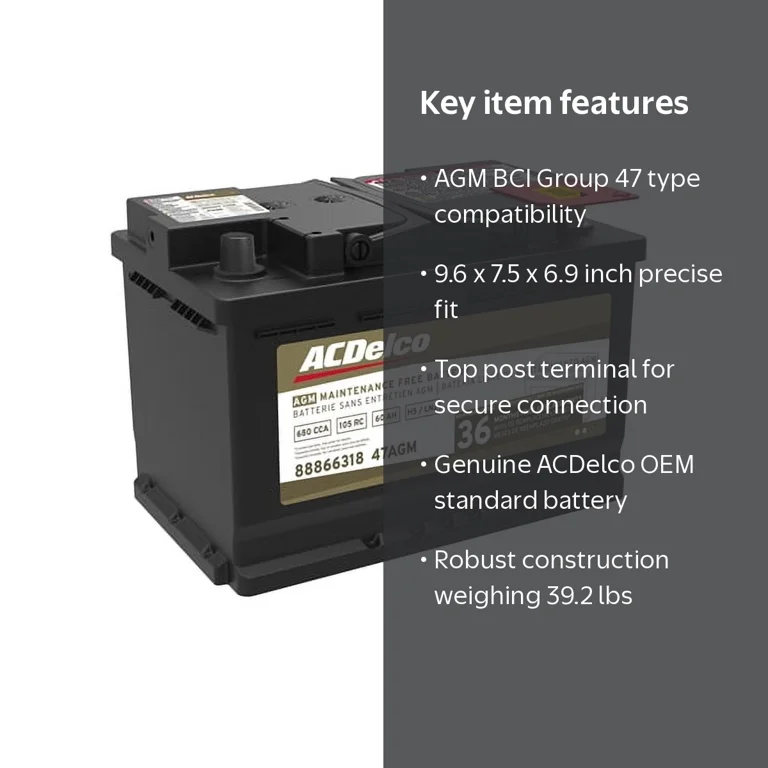 ACDelco, Battery, Group Size 47, Top Post, AGM, 36-Month Warranty