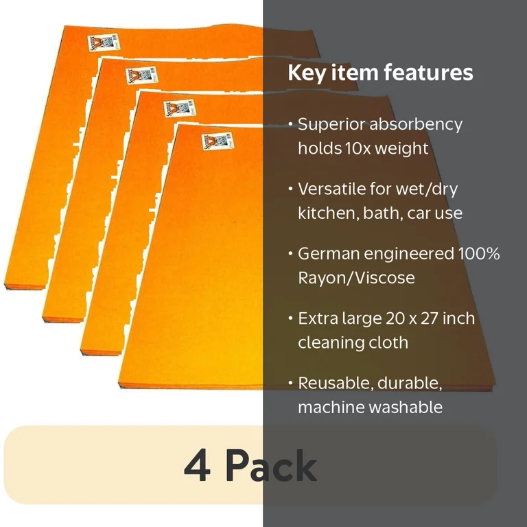 4 pack) Secamax Orange Shammy Multipurpose Cleaning Cloth