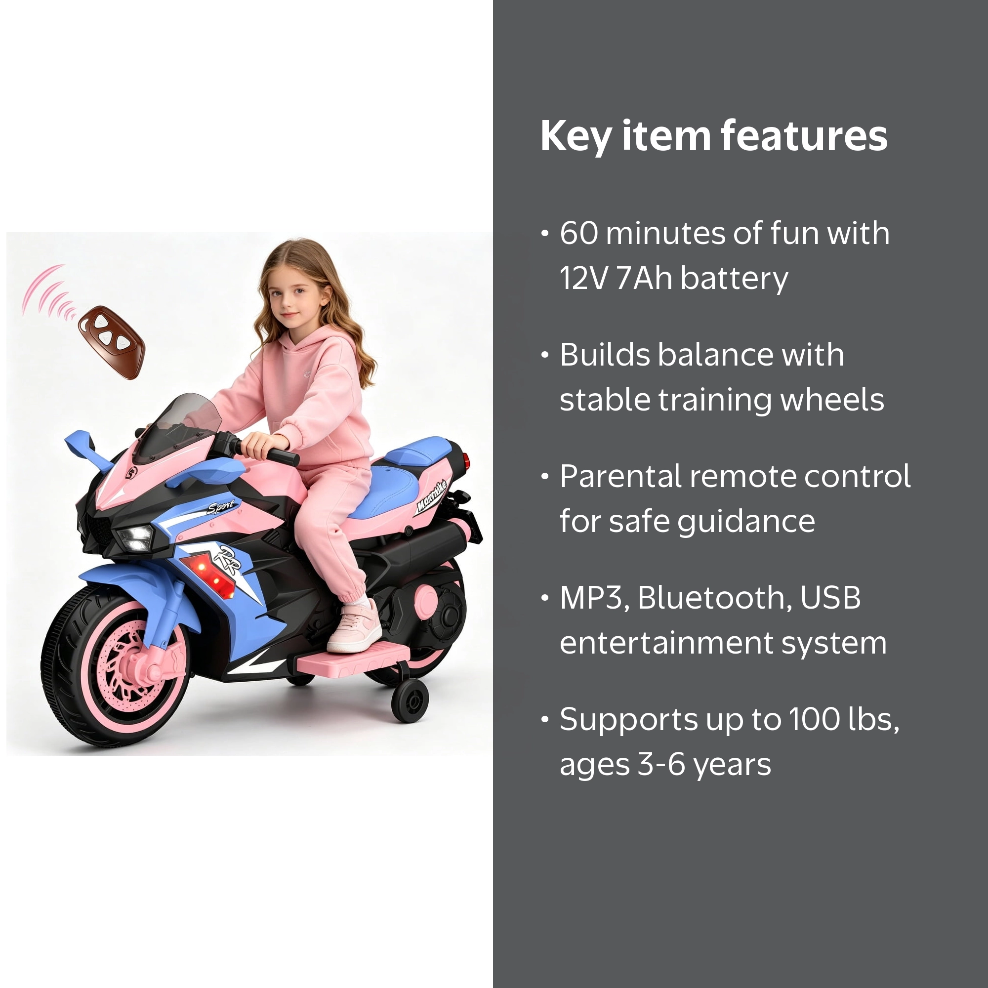 HNH 12V Kids Motorcycle Pink, Battery Powered Ride On, Lights