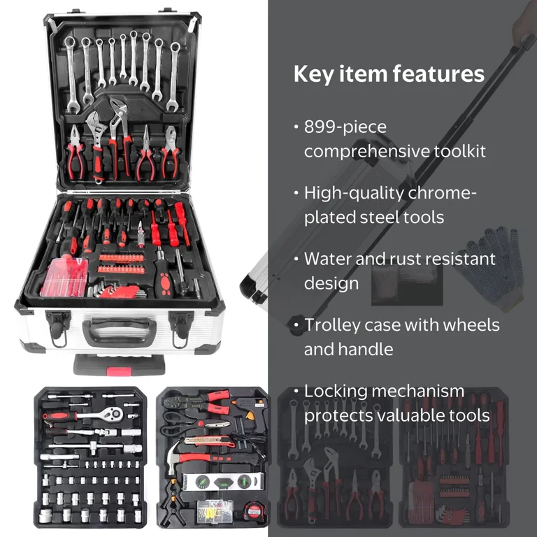 Aukfa 899 Pcs Tool Set, Rolling Tool Box for Home Auto Repair
