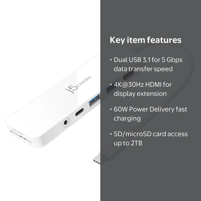 j5create, USB-C Multi-Port Hub, White, 2 USB 3.1, 4K HDMI, 60W