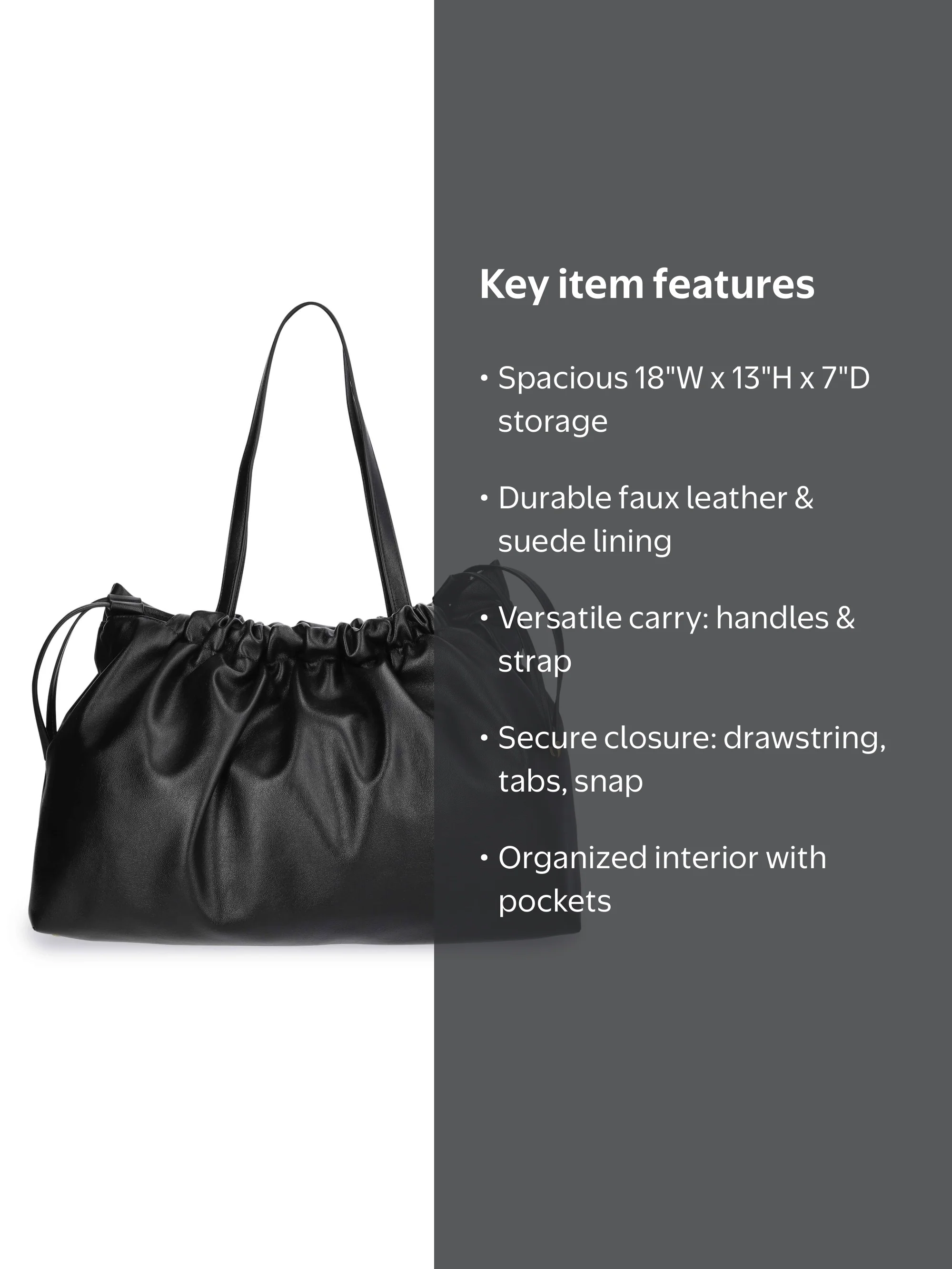 Scoop Women's Faux Leather Oversized Drawstring Pouch Tote, Black