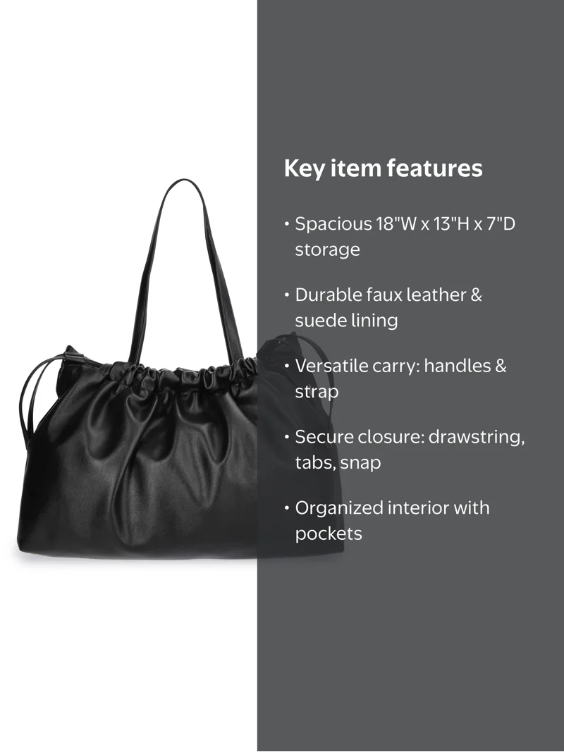 Scoop Women's Faux Leather Oversized Drawstring Pouch Tote, Black