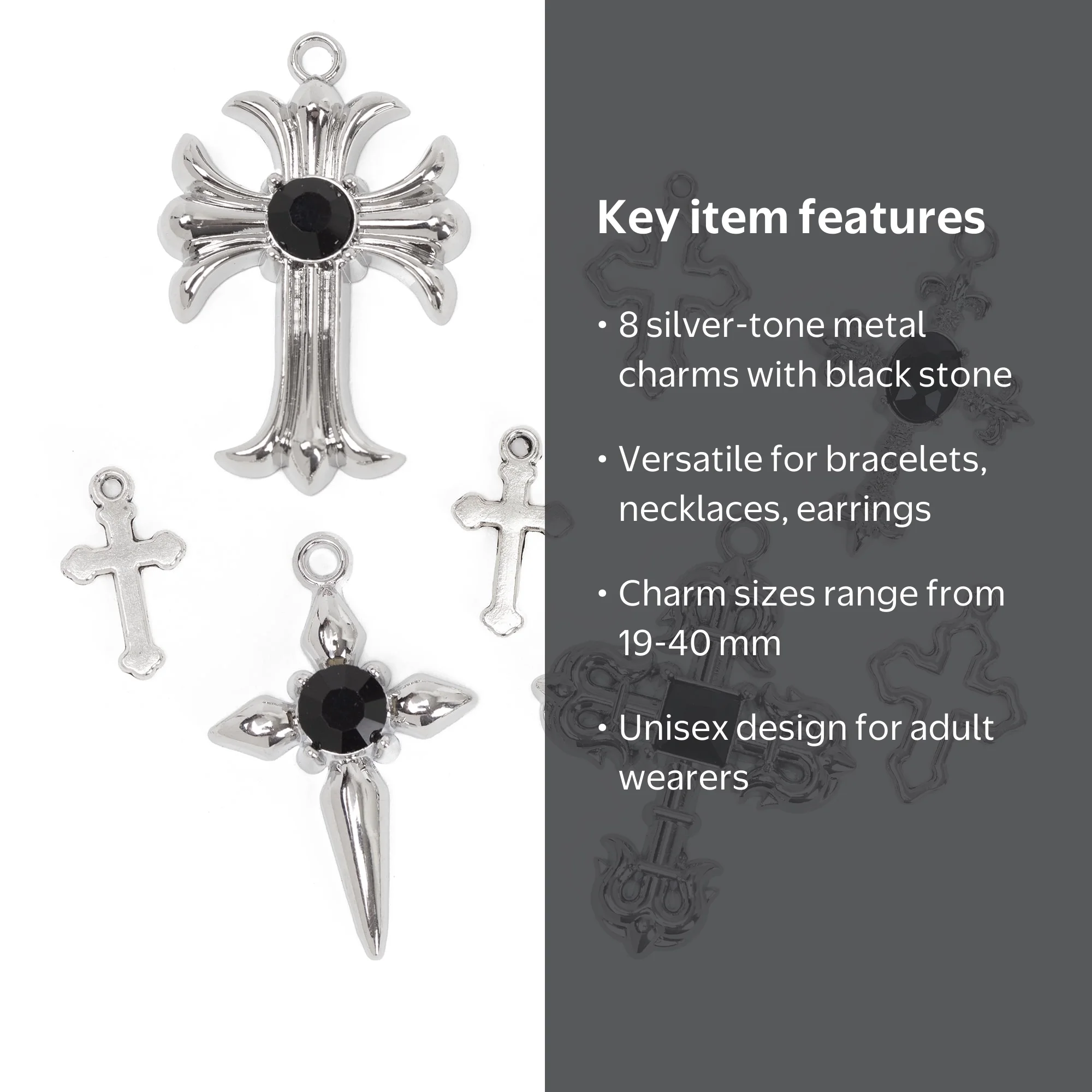 Cousin DIY Silver Cross Charms with Black Stones, 8 Piece, Adult