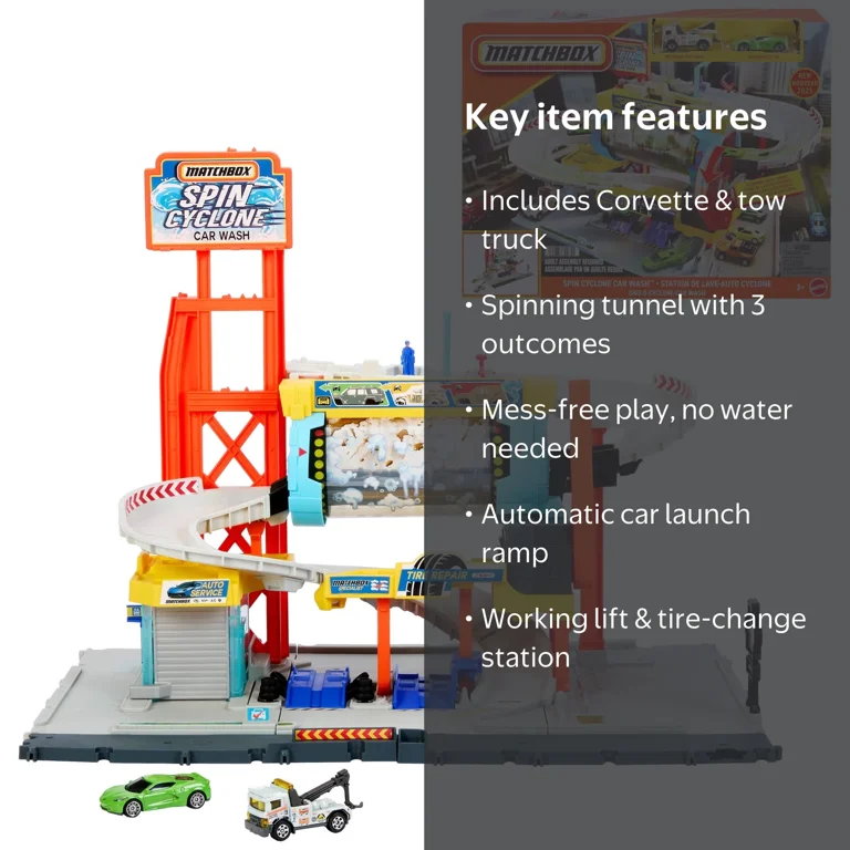 Matchbox Spin Cyclone Car Wash Playset with 1:64 Corvette & Tow