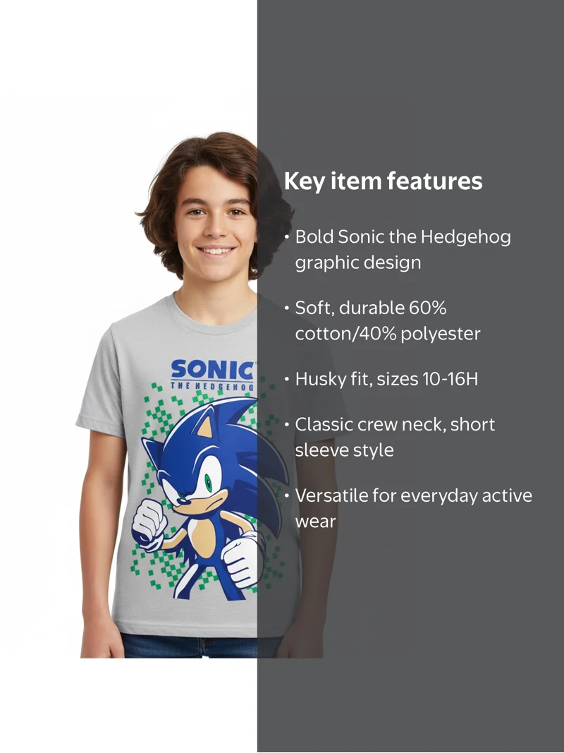 SEGA Boys Sonic the Hedgehog, Crew Neck, Short Sleeve, Graphic T