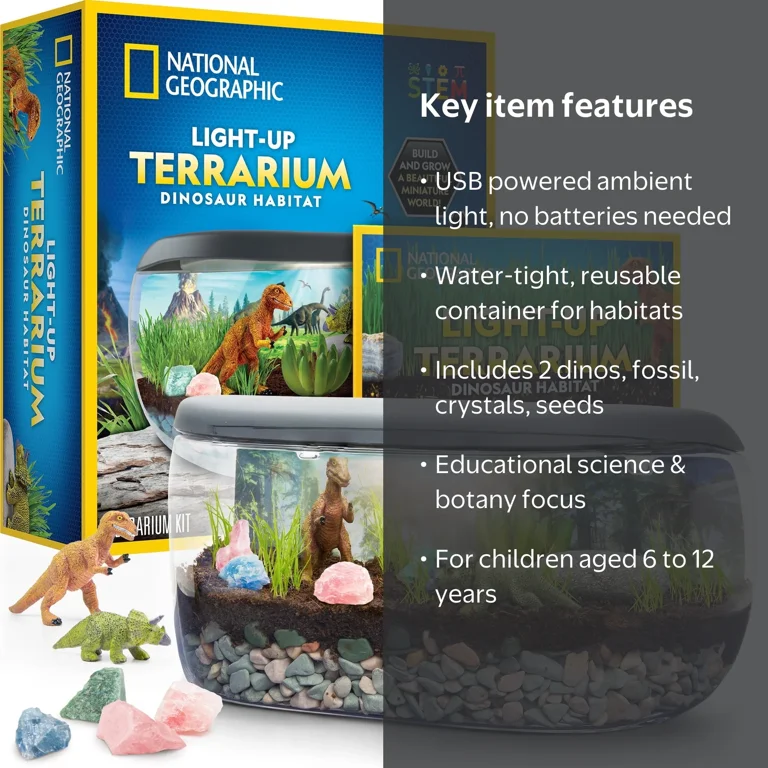 National Geographic Light Up Dinosaur Terrarium Kit for Kids, Real
