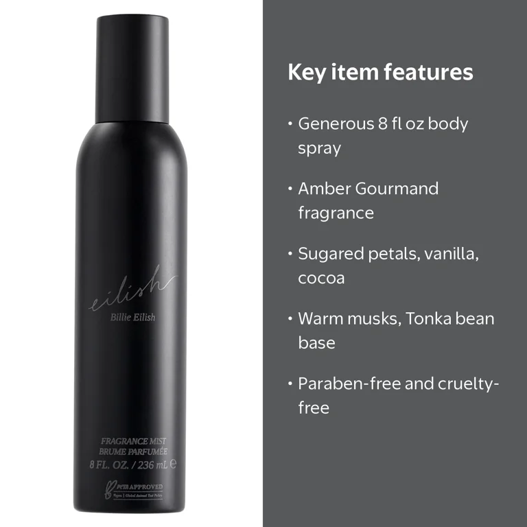 Billie Eilish, Body Spray for Women, 8 fl oz, Amber Gourmand