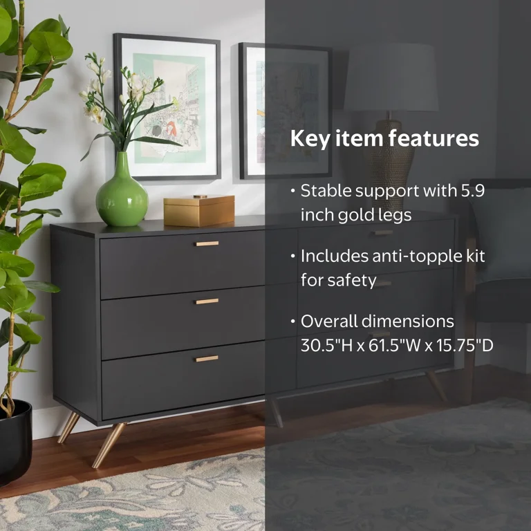 grey and gold dresser Essentials for Living Bradley 7-Drawer Double in Dove Gray The gray gloss finish and gold metal accents help to accentuate the clean lines of the pieces and add a pop of glamour Lorenzo Dresser