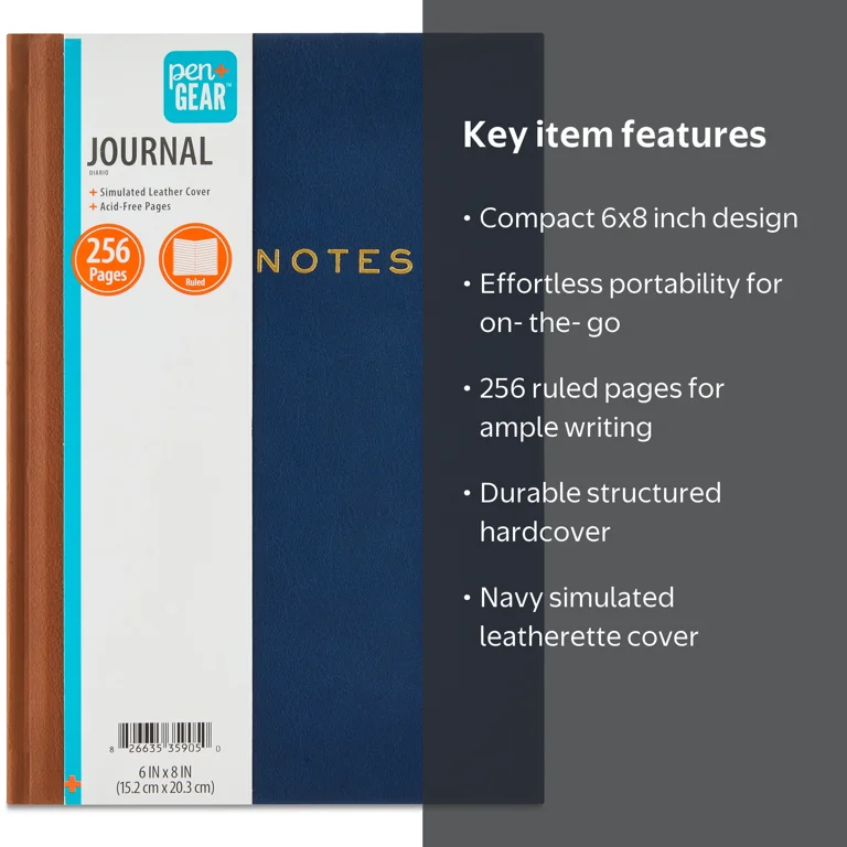Pen+Gear Simulated Leather Journal, Navy, 6 in x 8 in, 256 Ruled