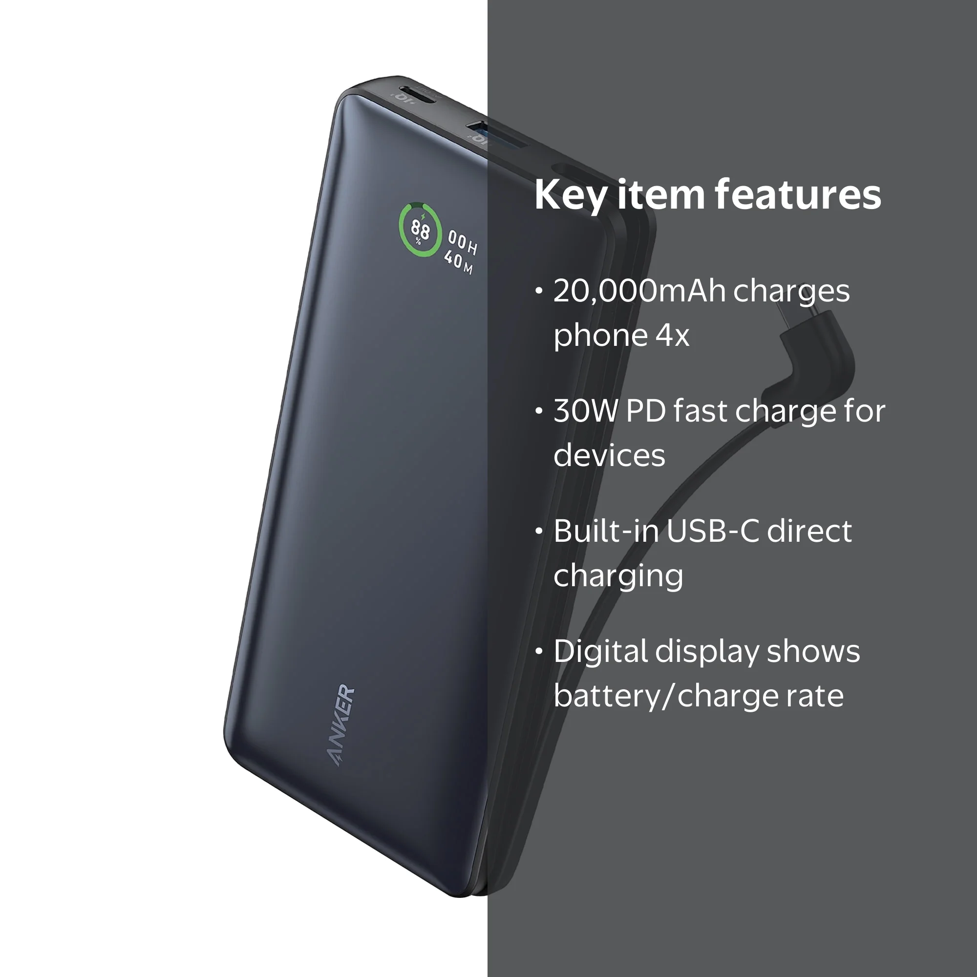 Anker Power Bank (20,000mAh, 30W, Built-In USB-C Cable) - Walmart.com
