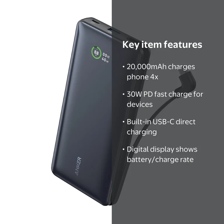 Anker Power Bank (20,000mAh, 30W, Built-In USB-C Cable) - Walmart.com Anker Power Bank (20,000mAh, 30W, Built-In USB-C Cable) - Walmart.com