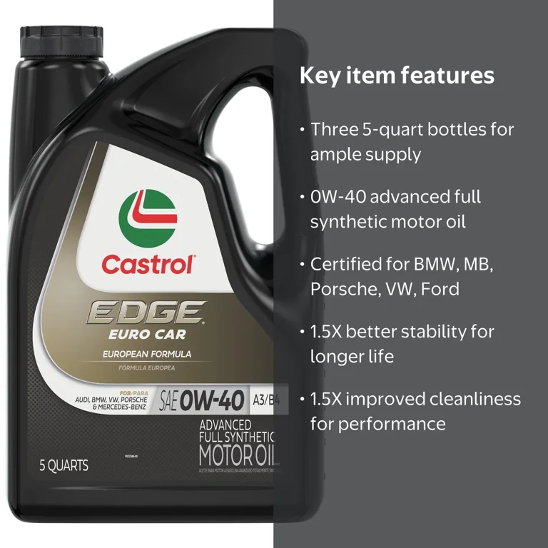 Castrol EDGE Euro 0W-40 A3/B4 Synthetic Motor Oil, 5 Qt, 3pk