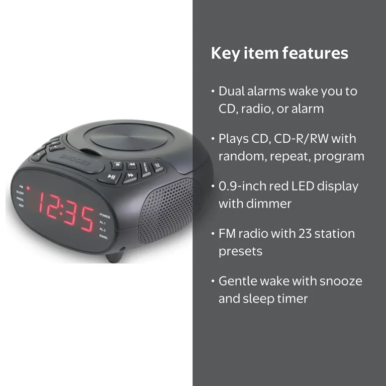 GPX CD AM/FM Dual Alarm Clock Radio with 1.2 Inch Display and