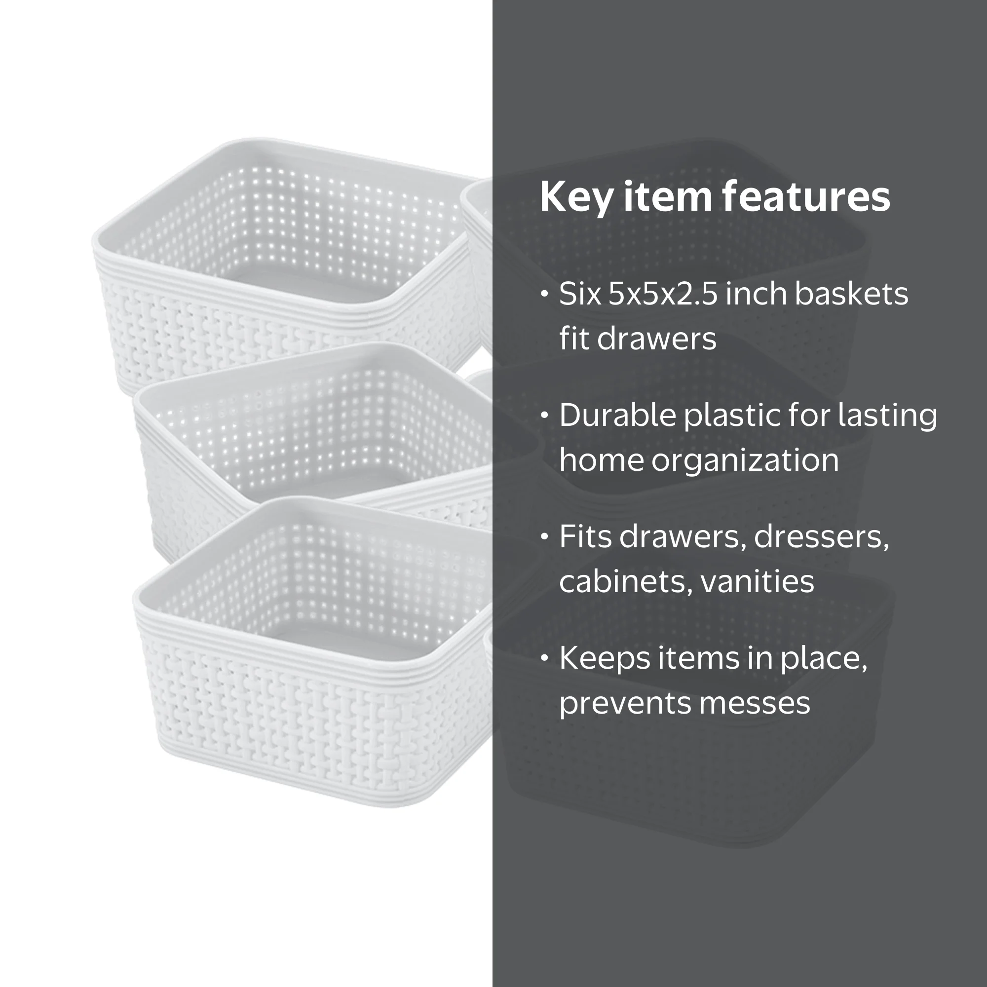 Simplify 6 Pack Plastic Organizing Storage Basket Set, White