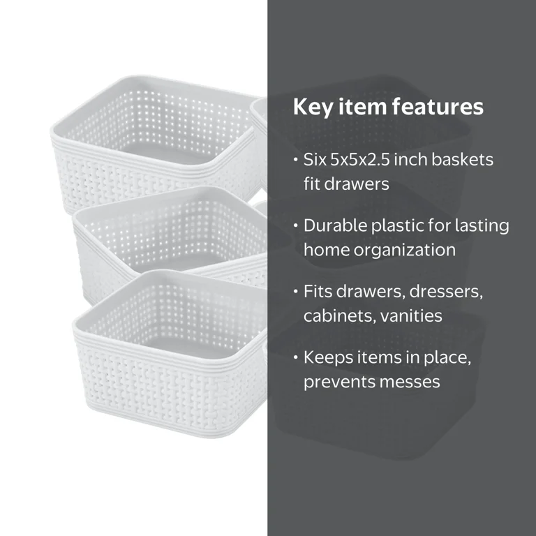 Simplify 6 Pack Plastic Organizing Storage Basket Set, White