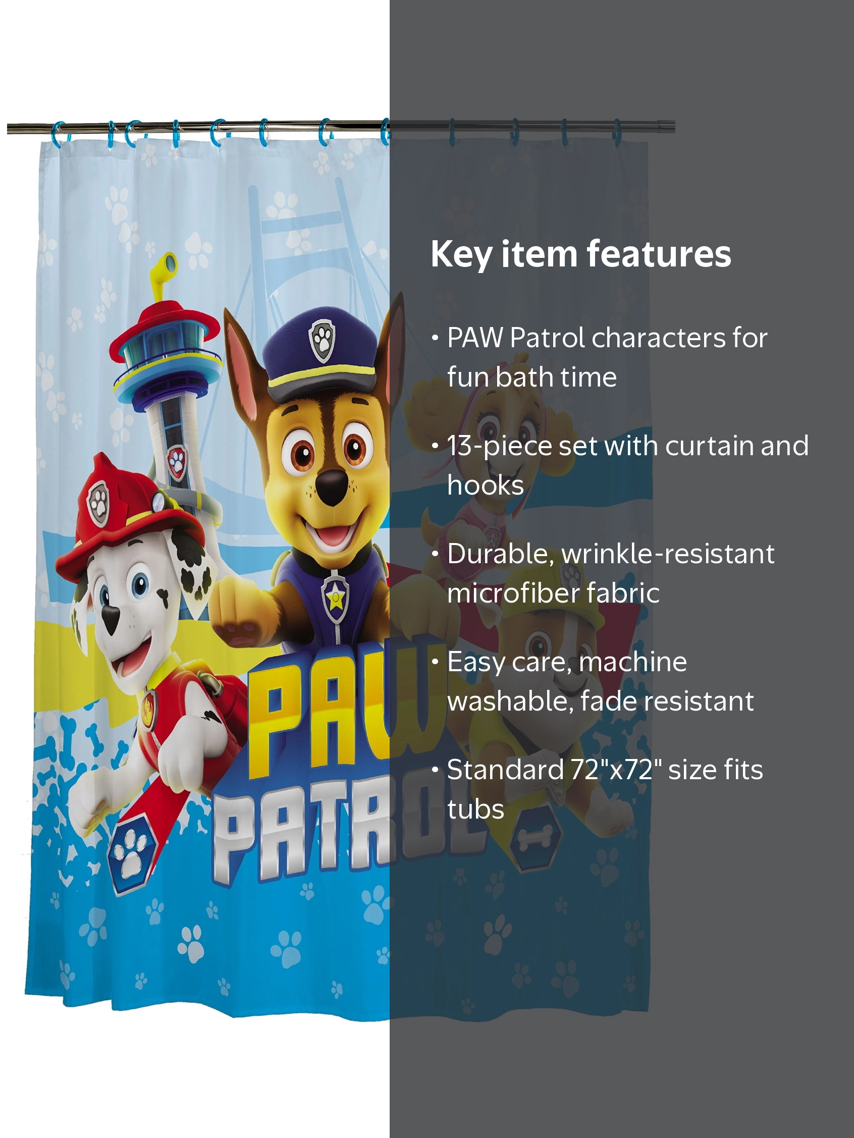 Paw Patrol Kids 13 Piece shower Curtain and Hook Set