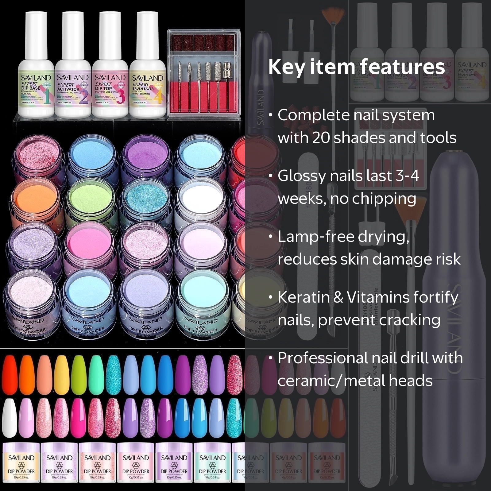 SAVILAND Plus Dip Powder Nail Kit with Drill, 20 Colors, 60 g