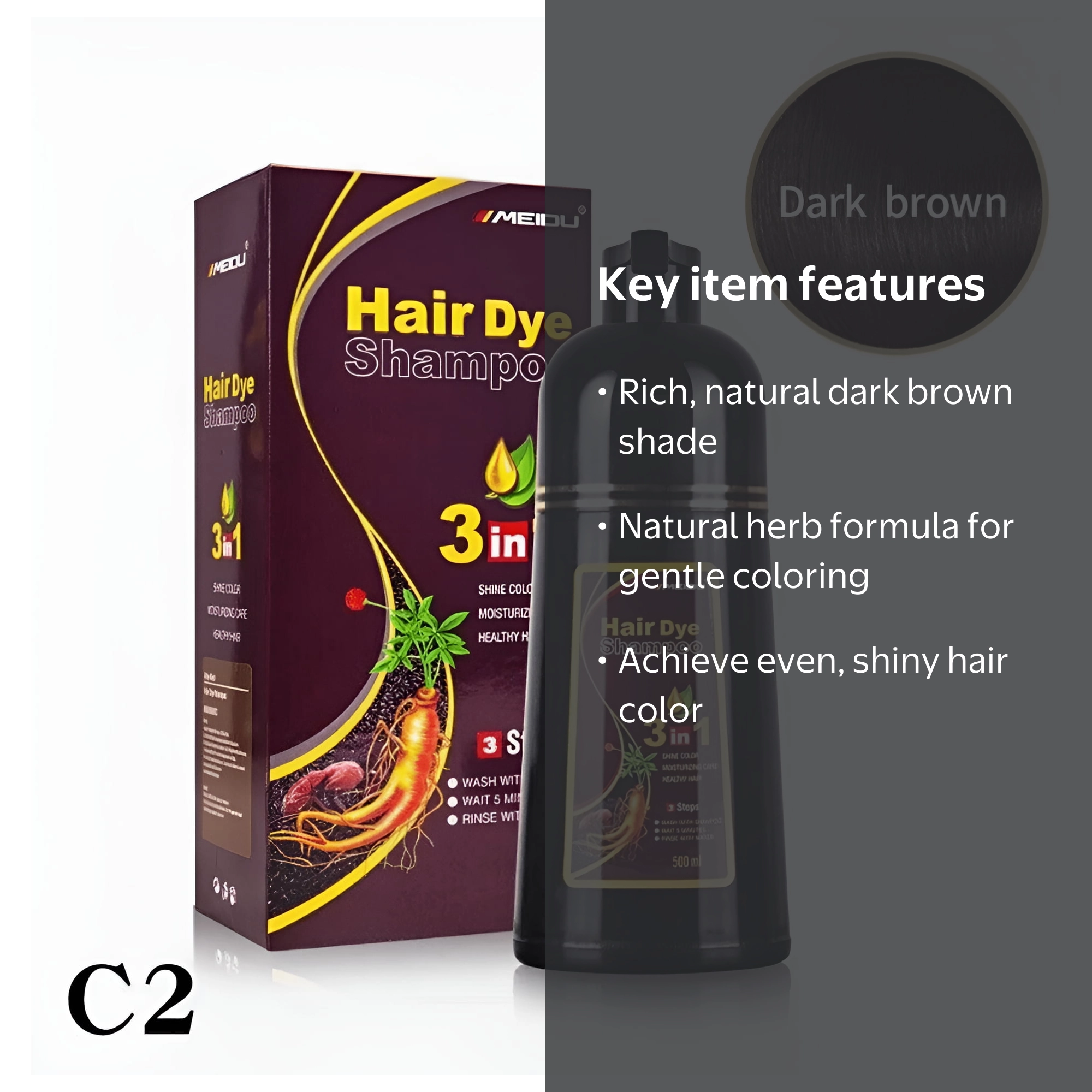 Meidu, Hair Dye Color Shampoo 3 in 1 Natural Herb, 500ML, Dark