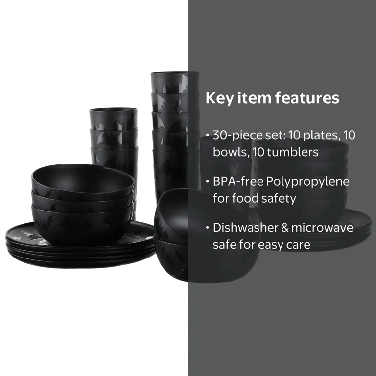 Mainstays 30-Piece Plastic Etched Halloween Bat Pattern Dinnerware
