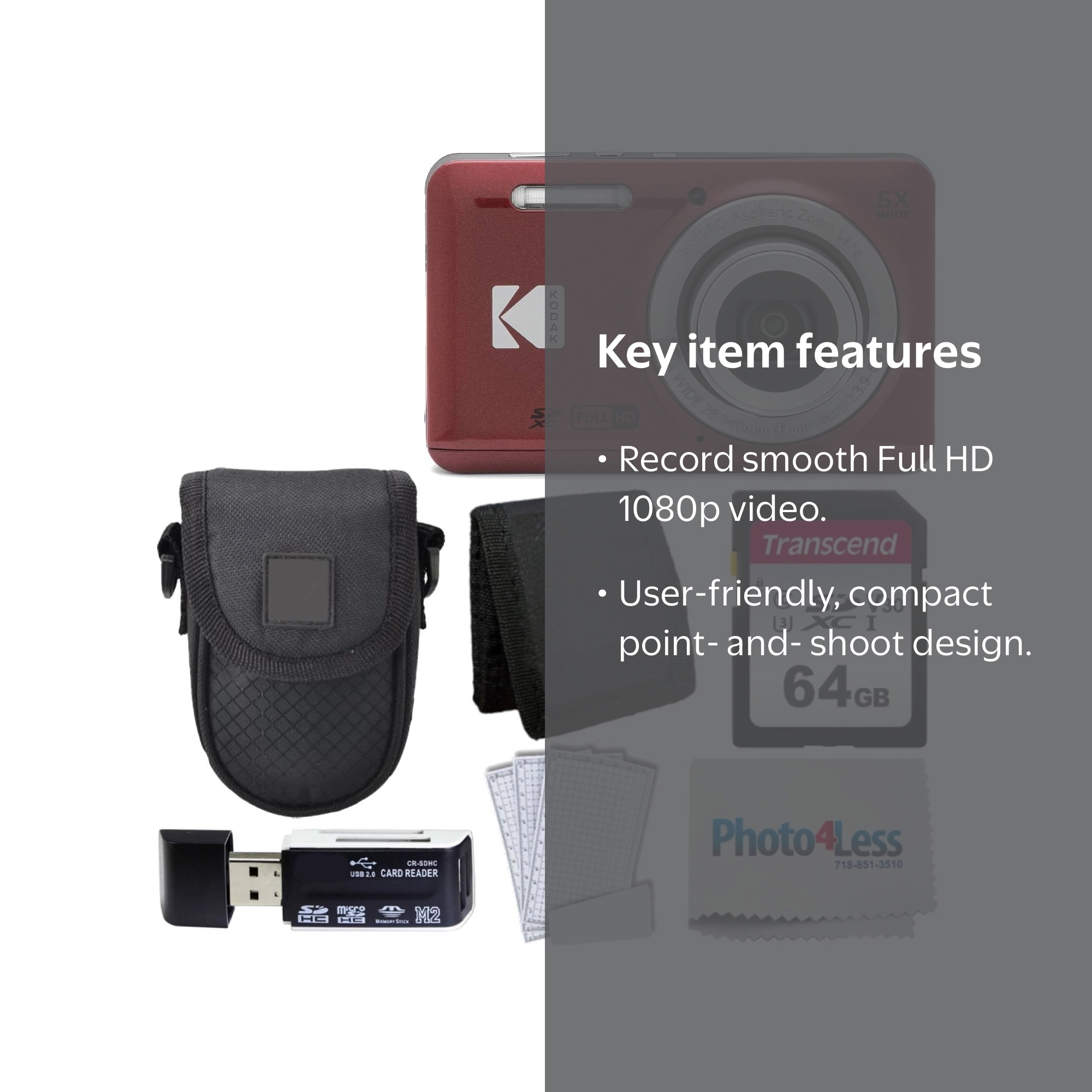Kodak PIXPRO FZ55 Easy Bundle Camera, Red, with 64GB SD Card, Case
