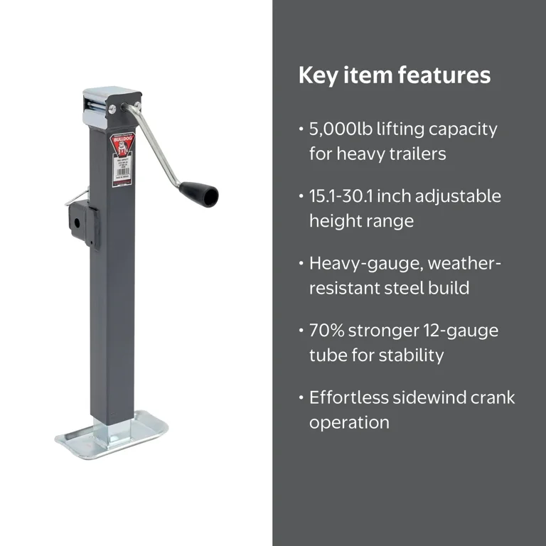 Bulldog 5000 Lb Lift Sidewind Swivel Square Tube Trailer Jack, 15